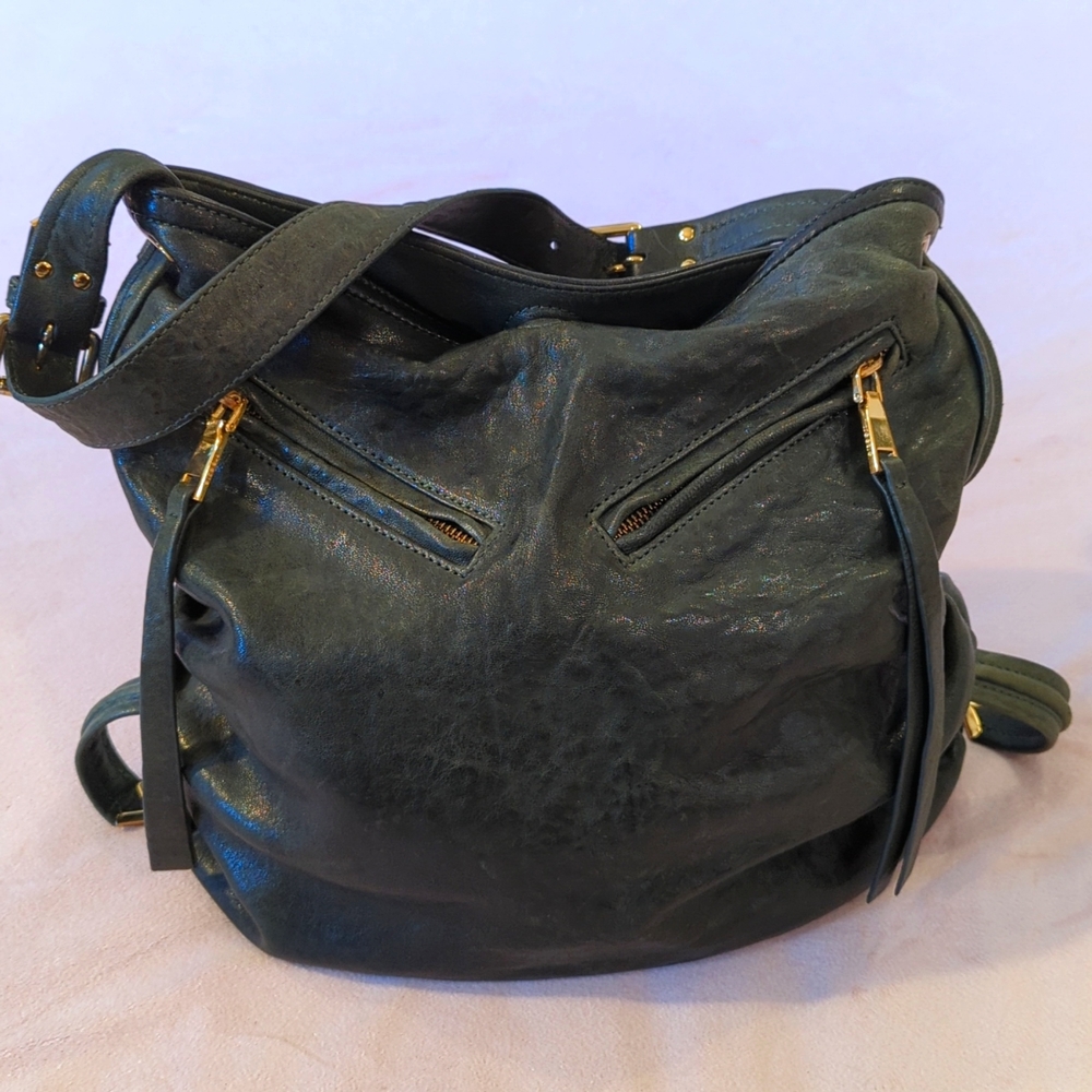 Treesje Handbag in Dark Green Leather and Gold Trim